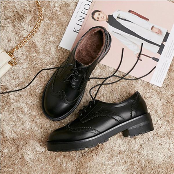

carved brogue shoes woman creepers muffin lace-up flats college girl student oxfords brief soft matte leather derby footwear2022, Black