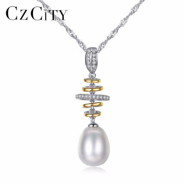 

czcity elegant lady 10-11mm white/ pink/ purple natural pearl 925 sterling silver pendant necklace wedding jewelry women gift