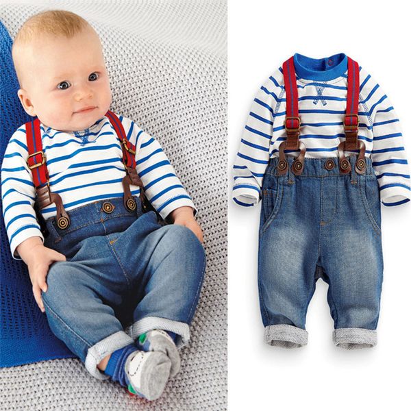 

new boy kids clothes outfits long-sleeved sailor trendy jeans straps trousers two pieces set kids designer clothes boys ajy662, White