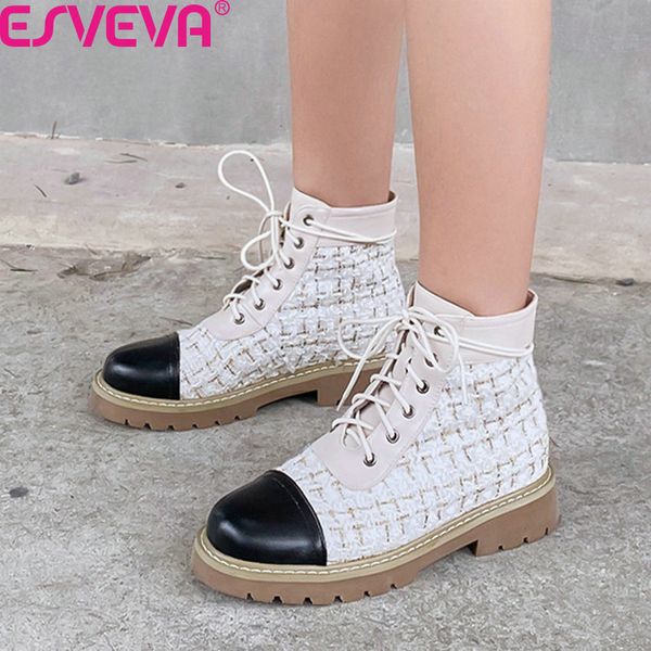 

esveva 2020 round toe fashion square heel lace up ankle boots mixed color cloth pu leather autumn winter women shoes size 34-43, Black