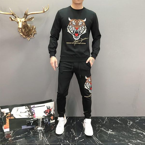 

2020 повседневный спорт б-г tide бренд мужской моде костюм вышитые tiger head round neck пуловер свитер тонкий брюки двухсекционный размер, Gray