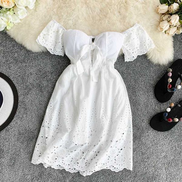 

2020 summer white dress hollow lace v-neck chest pad open-back flared sleeve short dress summer, Black;gray