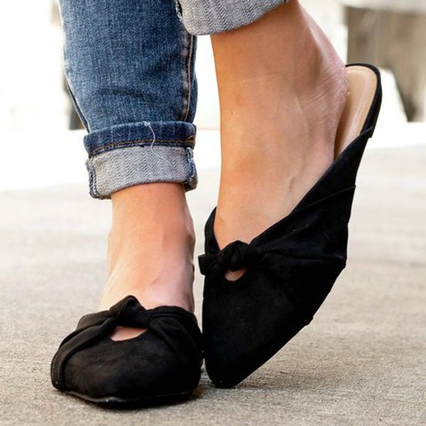 

women summer flats plus size shoes woman outdoor pointed toe vintage sweet bowties slippers sandalias mujer sapato feminino d677, Black