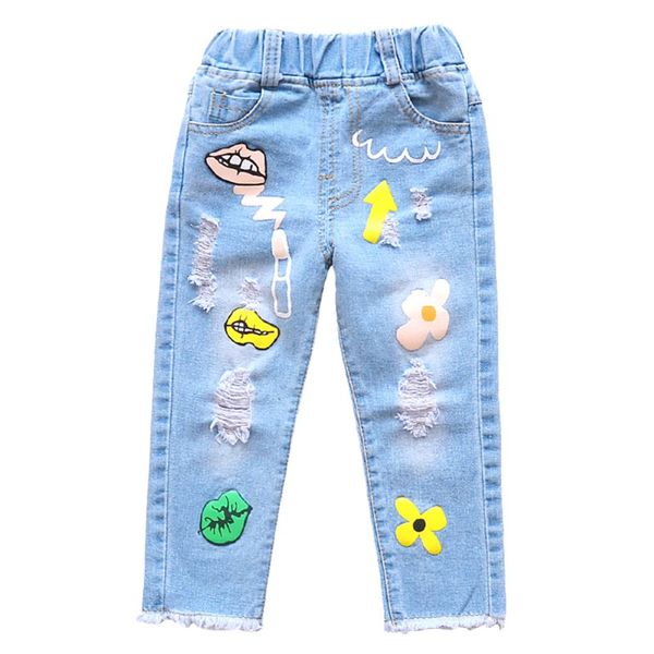 

summer children girls pants cartoon print ripped jeans trousers kids casual baby denim pants, Blue