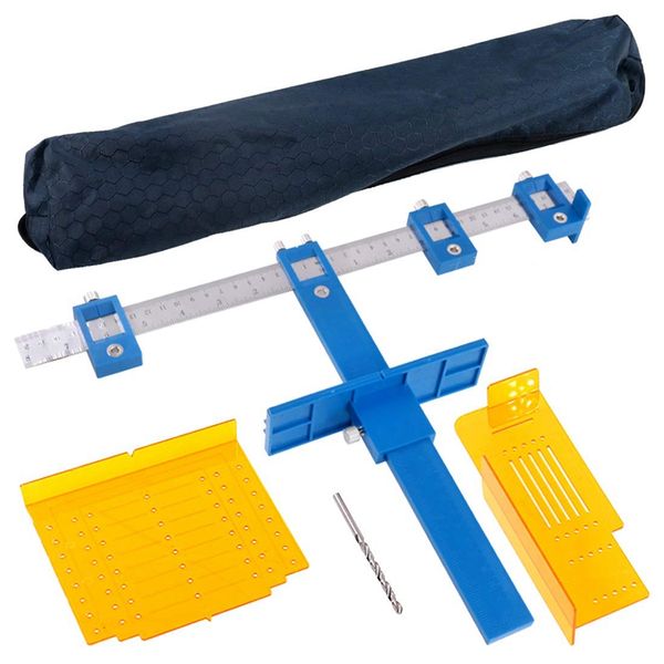 

cabinet hardware jig kit, including adjustable punch locator tool and with precision allignment template and drill for mounting