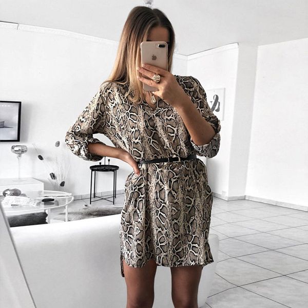 

Februaryfrost Women Leopard T Shirt Dress Elegant Long Sleeve Party Club Dress V Neck OL Dames Robe Vestidos Streetwear