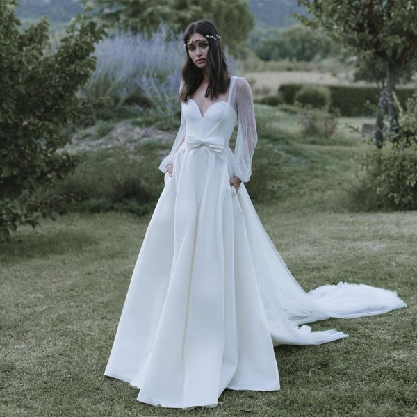 Favolosi abiti da sposa A Line con giacca a maniche lunghe staccabile Collo a cuore Abiti da sposa Sweep Train in raso robe de mari￩e