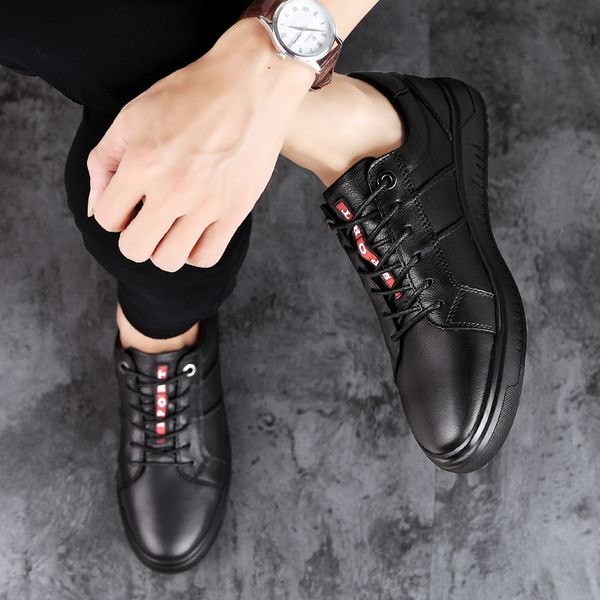 

fashion male casual shoes outdoor men's genuine leather casual lace up sneakers breathable business fashion black flats shoes n1