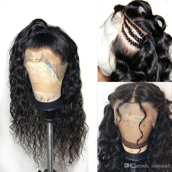 

13x6 волна воды фронта шнурка человеческих волос парики pre сорванные с ребенком глубины волос 360 lace wig фронтальная малазийского remy дл, Black