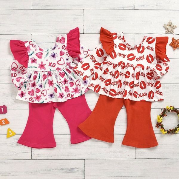 

girl clothes toddler baby girl valentine day clothes sets kids long sleeve letter love heart print ruffle flare pants outfit, Pink;blue