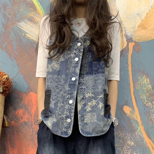 

весна 2020 новый литературный печатный без рукавов джинсовая куртка женский свободный ретро шить кардиган топ, White