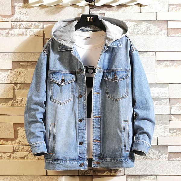 

new hooded denim jacket men's men's hip hop retro denim jacket street casual bomber harajuku fashion coat, Black;brown