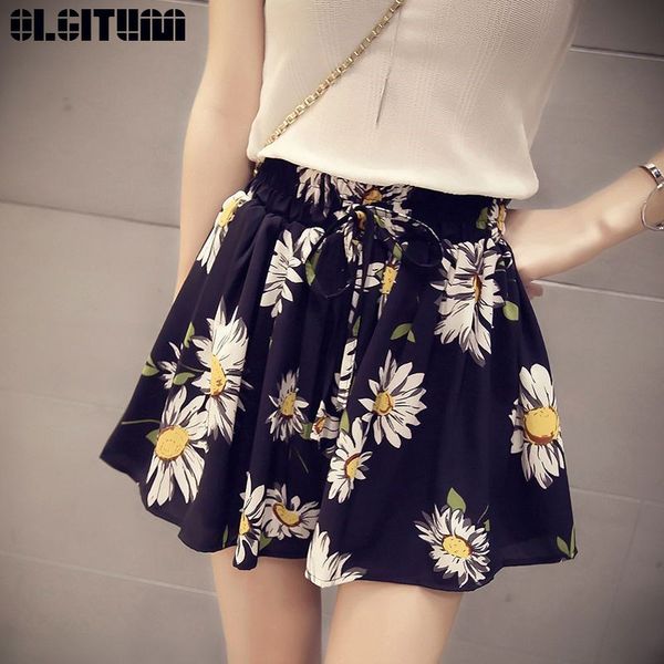 

women's skirt shorts 2019 new fashion summer high waist floral bow chiffon wide leg short female ants plus size pt221, White;black