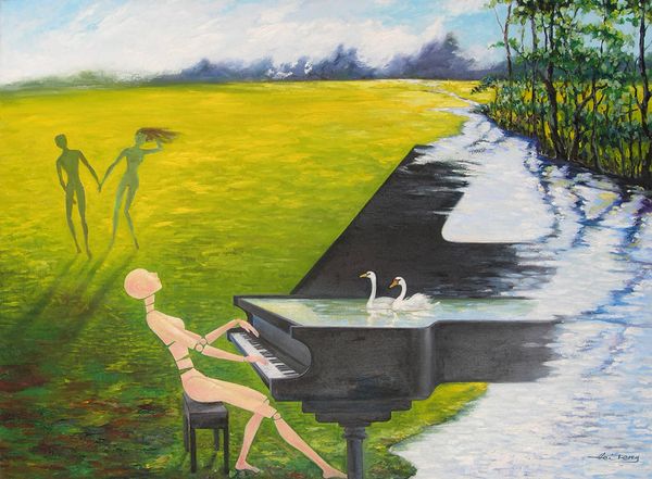

playing the piano in the field hand painted abstract figure oil painting on canvas for wall decoration in living room