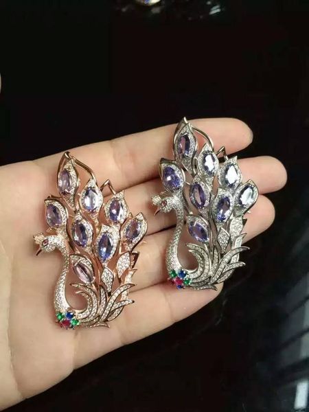 

natural blue tanzanite brooch s925 silver natural gemstone brooch pendant luxurious peacock women two wears party fine jewelry, Slivery;golden