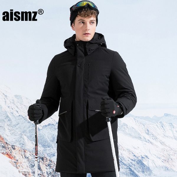 

aismz men's russia canada winter 90% white duck long down jacket hat detachable windproof waterproof coat overcoat, Black