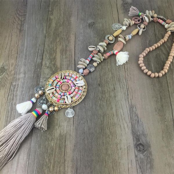 Nuova collana con pendenti colorati Caki fatta a mano con nappe boho Bohemiam con frange lunghe e maxi collane per donna estiva