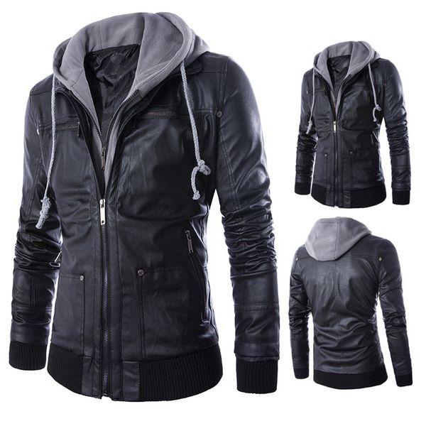 

mens hooded pu leather jackets zipper slim fit biker motorcycle jacket coat top, Black