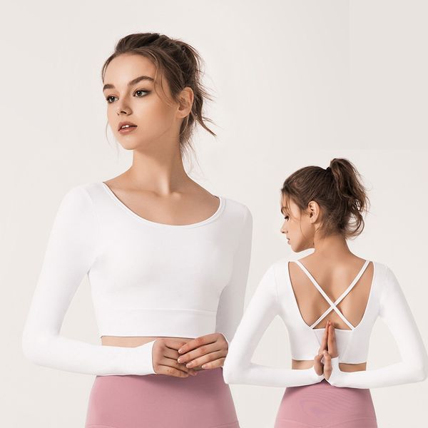 

autumn winter long sleeve yoga shirts solid color black/white/ red yoga sport fitness clothes women's shirt padded bra
