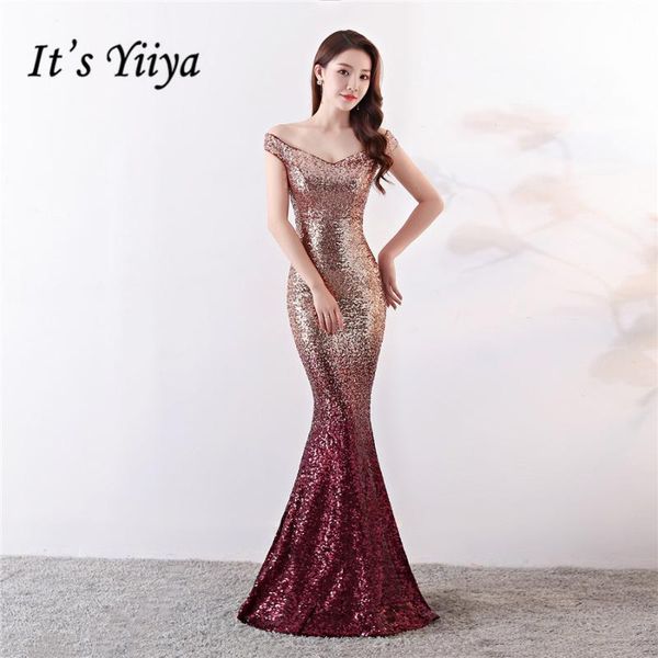 

floor-length formal dress it's yiiya dx352 sequined contrast color off shoulder abendkleider short sleeve plus size evening gown, White;black