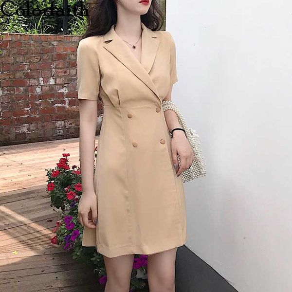 

colorfaith new 2020 women spring summer dress casual vintage notched high waist double breasted fashionable pleated dress dr1261, Black;gray