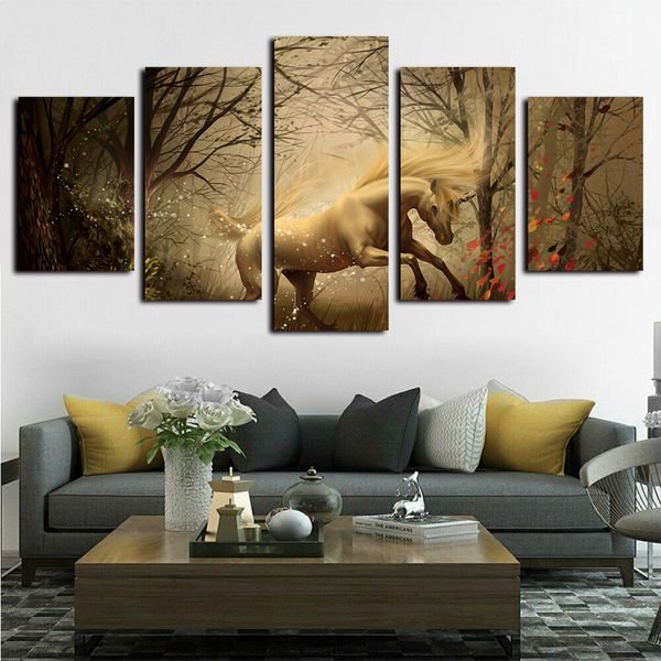 

5 panels canvas prints wall art paintings abstract white horse painting psychedelic forest unicorn on canvas oil paintngs giclee wall decor