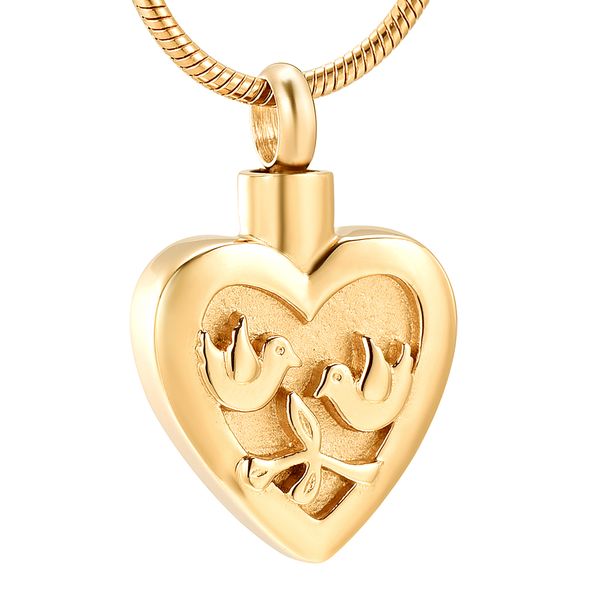 

lkj12441 heart engraved double bird cremation jewelry for ashes pendant holder urns pet stainless steel memorial necklace, Silver