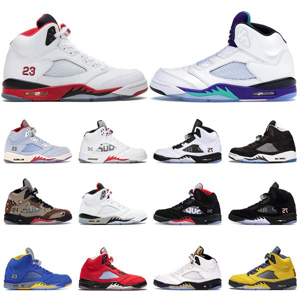 

jumpman 5 5s basketball shoes trophy room michigan desert camo ice blue retro psg x pairs star sup red suede trainers sneakers, White;red