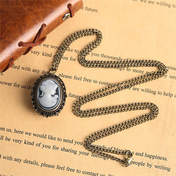 Модные винтажные часы Элегантный женский дизайн овальной формы Малый размер Кварцевые карманные часы Аналоговый дисплей Часы Свитер Ожерелье Цепочка 290л