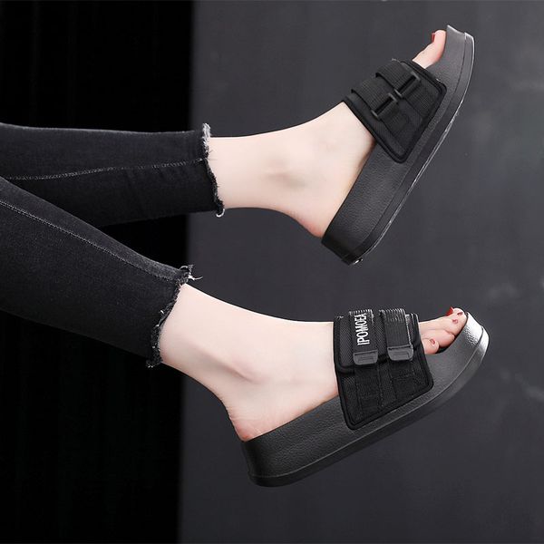 

slippers women summer slide sandals beach slides 4.5cm high heels flip flops thick soled men couple boys shoes, Black