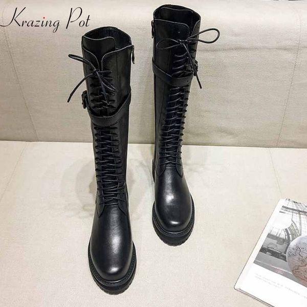 

krazing pot genuine leather lace up med heels round toe punk equestrian boots buckle fasteners over-the-knee boots l35, Black