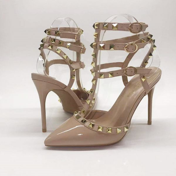 

european and american style new v's riveted pointed high heels in autumn 2019 10cmt with liuding thin heel bandage, Black