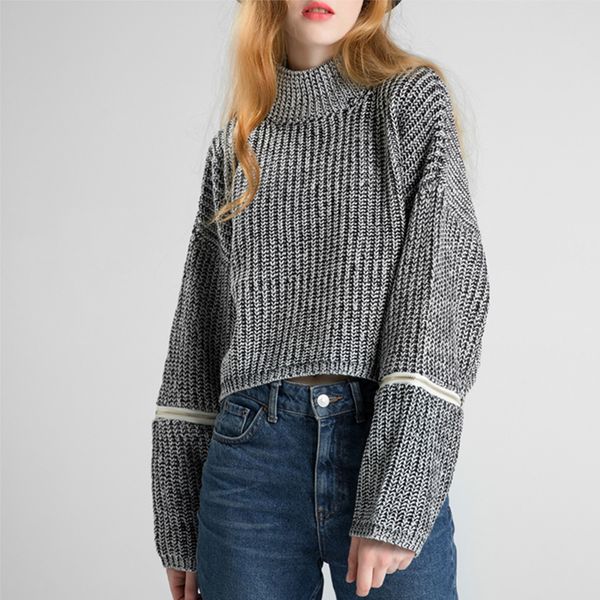 

women autumn winter zipper long sleeve turtleneck sweater vintage croppped sweater casual jumper pull oversize pullover, White;black