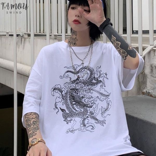 

short sleeved t shirt cotton dragon casual print loose hip hop bf dropshipping streetwear shirt vintage gothic mesh harajuku, White