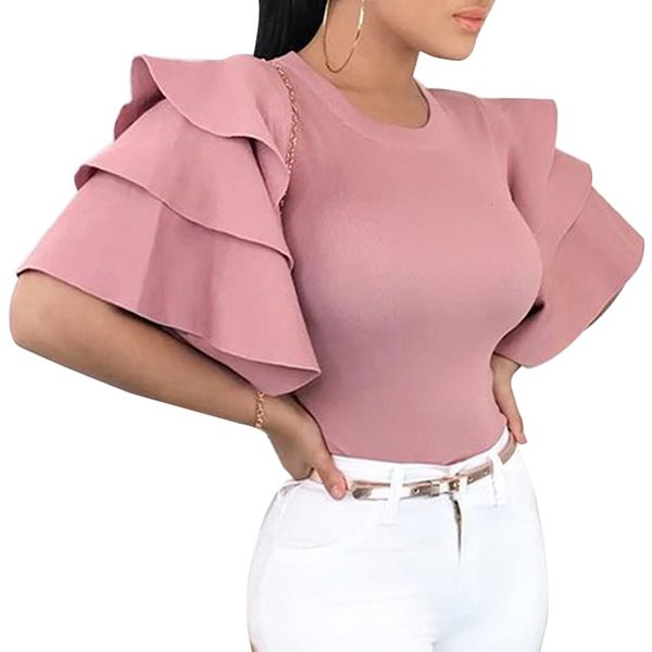 

women clothing ruffle blouse women ruffles short sleeve blouses 2019 summer o neck slim ladies shirt fashion pink red blouse blusa, White