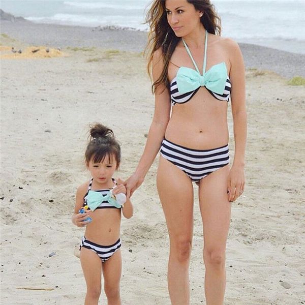 

fashion monther daughter women girls bikini bandage family swimwear swimsuit baby swimwear water park beach clothing set, Blue
