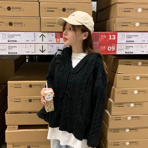 

women's new v-neck hooded sweater split thick knit long-sleeved short sweater korean autumn winter wild women's tide ml126, White;black