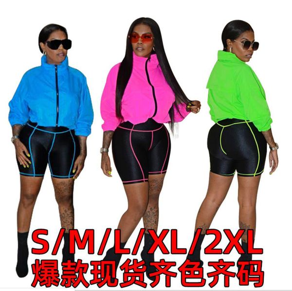 

women summer contrast color tracksuit long sleeve jacket sunproof coat and biker shorts 2 piece outfit bodycon clothes sports suit wf704, White