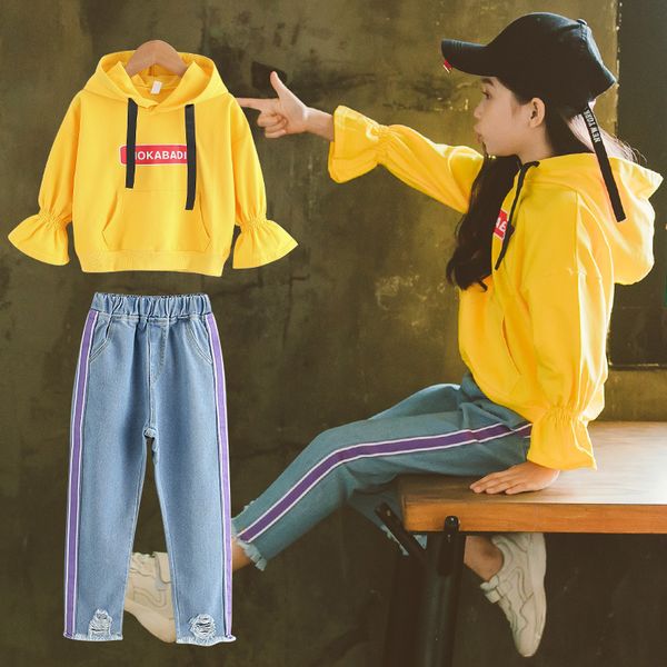 

girls fashion kids outfit children fashion clothing set hoodies sweatshirt + blue denim pant ruffle sleeve clothes for kids 2020, White