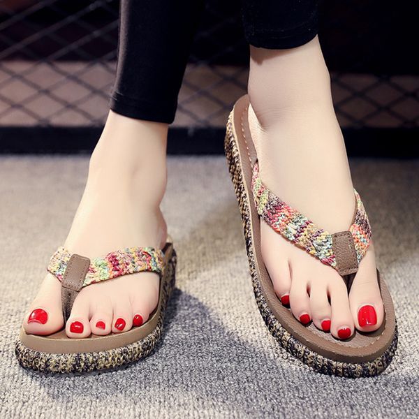 

bohemian style open toe flip-flop woven beach shoes women's summer fashion flat shoes can wear outdoor slippers buty damskie #5