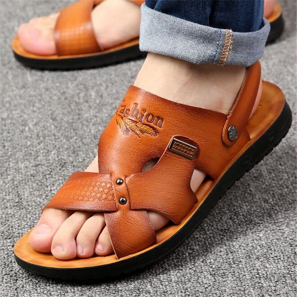 

new 100% cowhide leather beach shoes men's trend casual men's non-slip sandals men's sandals slippers superstar sneakers shoe, Black