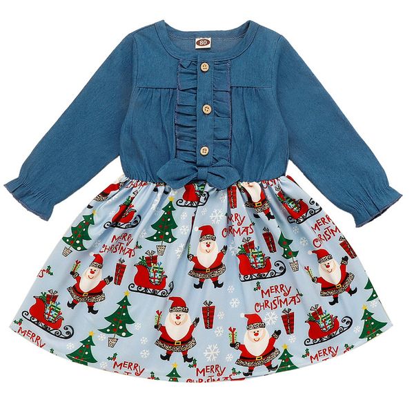 

baby girl christmas denim dress santa claus christmas tree printing long sleeve single-breasted patchwork santa claus print dress spring aut, Red;yellow