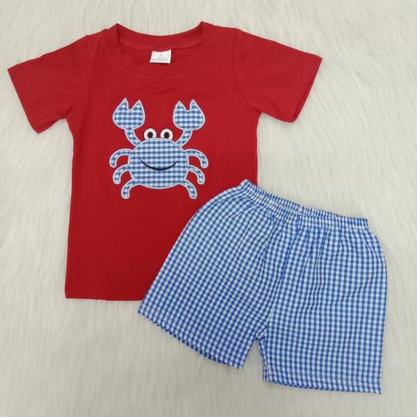 

baby boy clothes lobster print embroidery short sleeve seersucker shorts kids summer clothes set, White