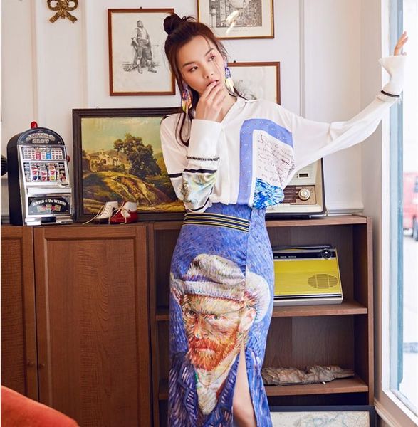 

elegant office lady summer vintage 2 piece sets women long sleeve loose irregular crop white blouse + stylish van gogh skirt