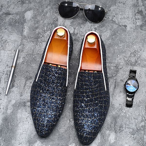 

pu leather men's shoes superstar gingham bling slip on design driving shoes men solid pointed toe loafers man 2020 new, Black