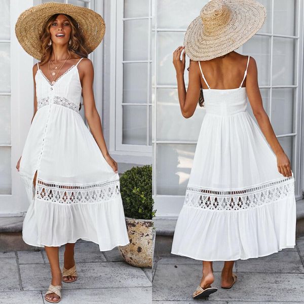 

women lace summer party ladies maxi long beach holiday dress sundress white lace sleeveless v neck dress, Black;gray
