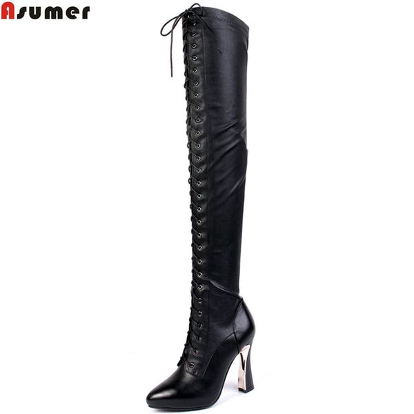 

asumer black fashion women boots pointed toe zipper genuine leather ladies boots super high cow leather over the knee