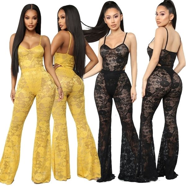 

women tracksuit 2pcs full lace women spaghetti strap bodysuit+ high waist elastic flare pants set, Gray