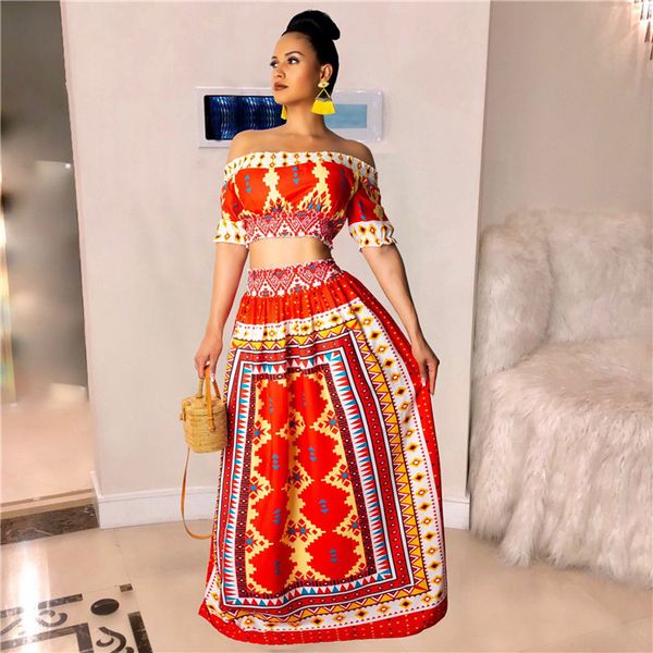 

Women Sexy Strapless 2PCS Dress Red Print Slash Neck Dress Tropical Amorous Style Suit Dress