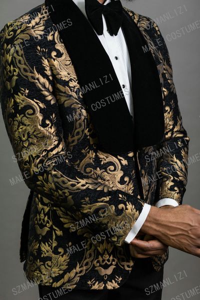 2020 elegante moda preto ouro floral ternos masculinos 2 peça terno do noivo fumar smoking jaqueta ternos de casamento para homem blazer202d